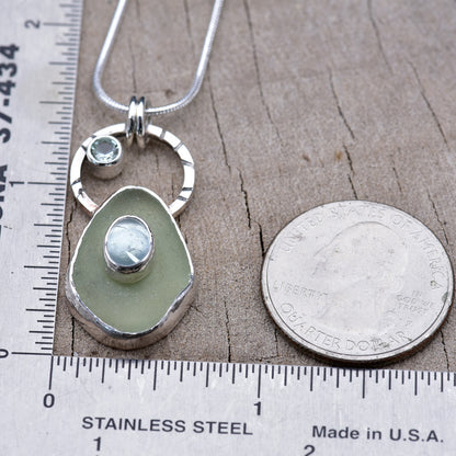 Artisan Sea Glass & Aquamarine Pendant Necklace | Hand-Stamped Sterling Silver