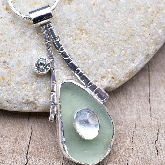 Artisan Sea Glass & Aquamarine Pendant Necklace | Sterling Silver