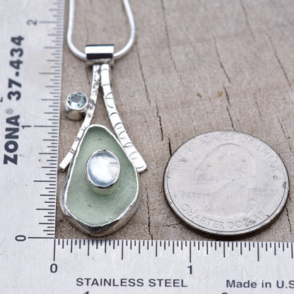 Artisan Sea Glass & Aquamarine Pendant Necklace | Sterling Silver