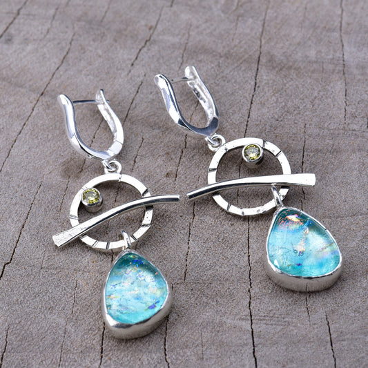 Artisan Aqua Dichroic Fused Glass & CZ Long Drop Earrings | Sterling Silver