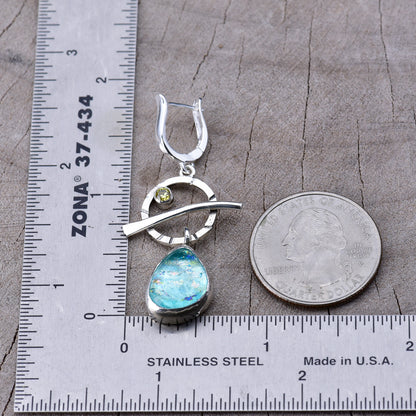 Artisan Aqua Dichroic Fused Glass & CZ Long Drop Earrings | Sterling Silver