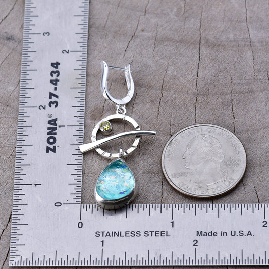 Artisan Aqua Dichroic Fused Glass & CZ Long Drop Earrings | Sterling Silver