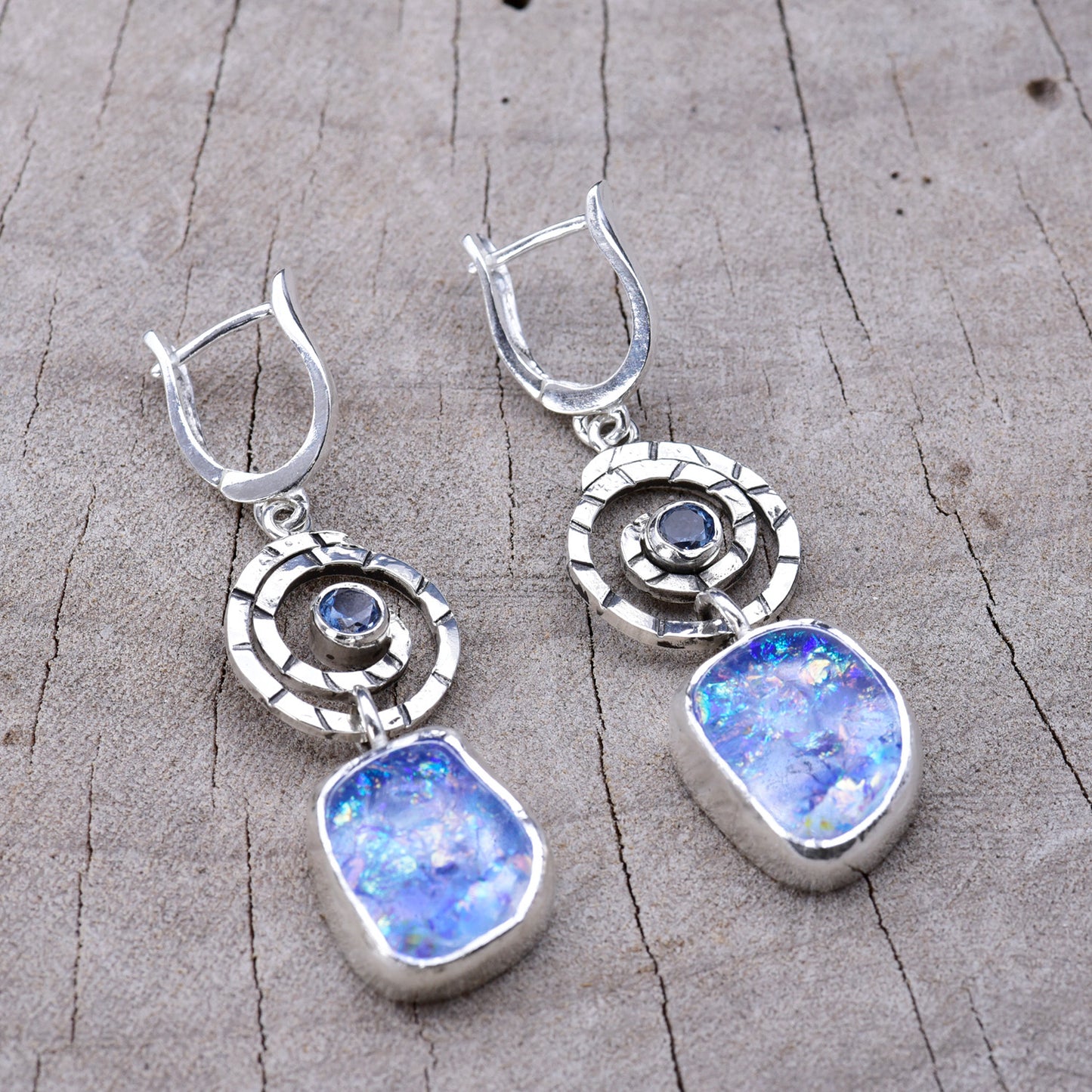 Artisan Blue Dichroic Fused Glass & CZ Long Drop Earrings | Sterling Silver