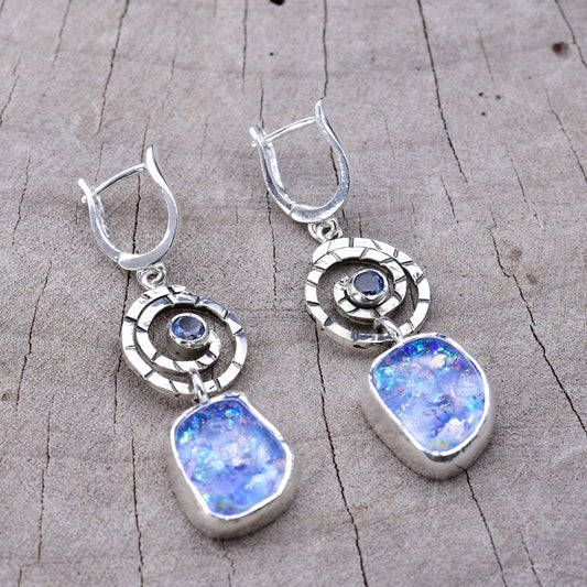 Artisan Blue Dichroic Fused Glass & CZ Long Drop Earrings | Sterling Silver