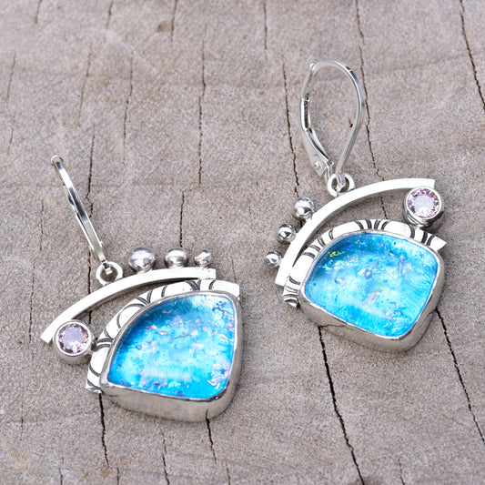 Turquoise fused dichroic glass earrings - front view