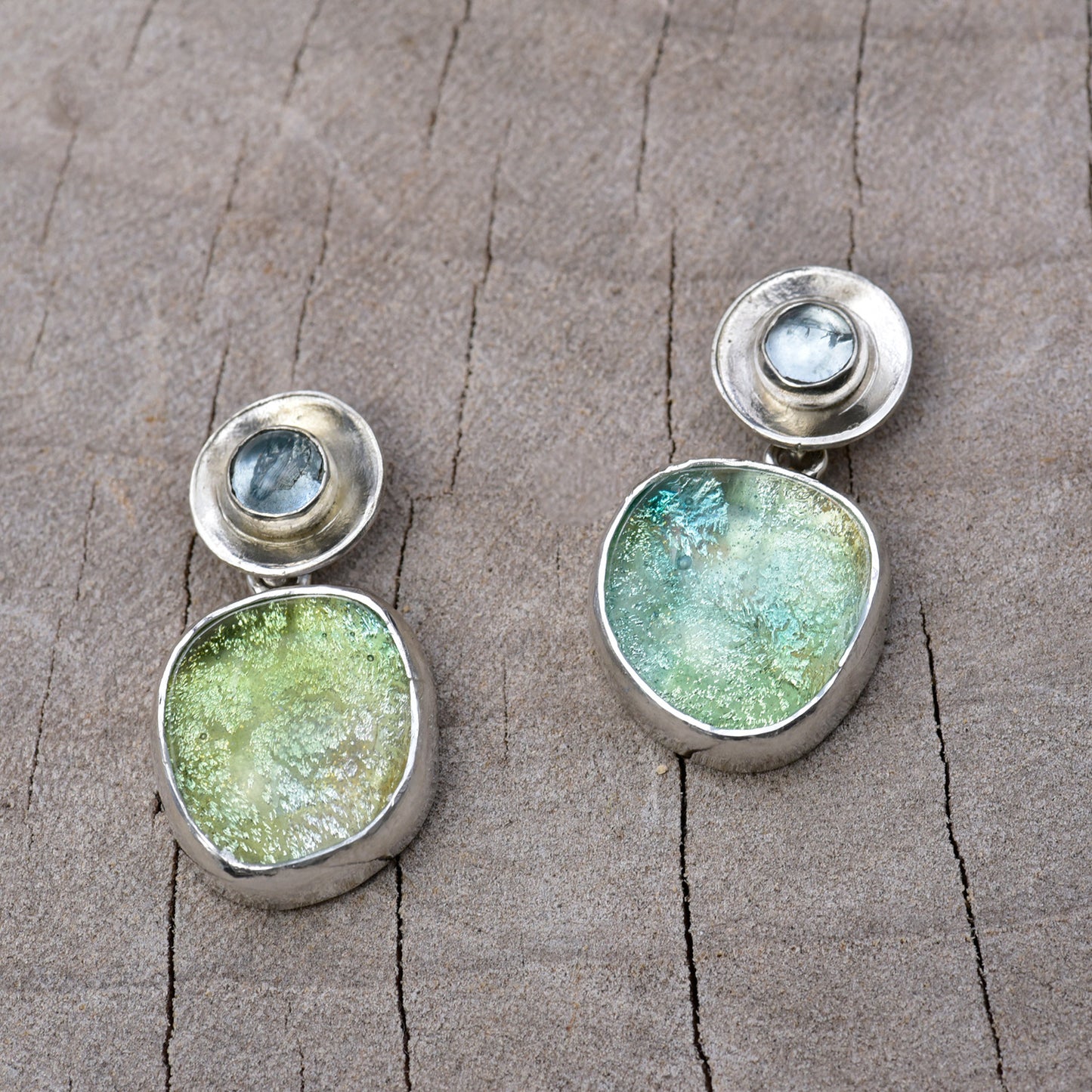 Artisan Dichroic Fused Glass & Aquamarine Drop Earrings | Sterling Silver