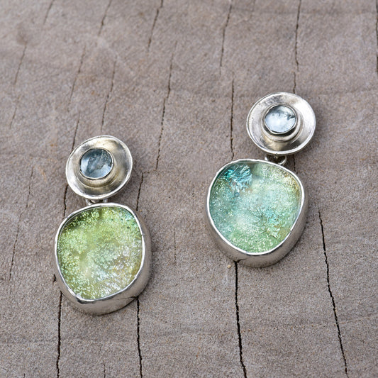 Artisan Dichroic Fused Glass & Aquamarine Drop Earrings | Sterling Silver