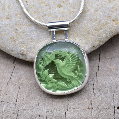 Artisan Hummingbird Fused Glass Pendant Necklace | Sterling Silver