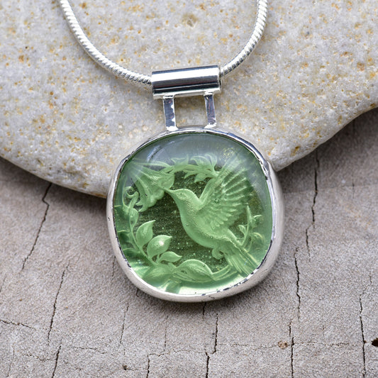 Artisan Hummingbird Fused Glass Pendant Necklace | Sterling Silver