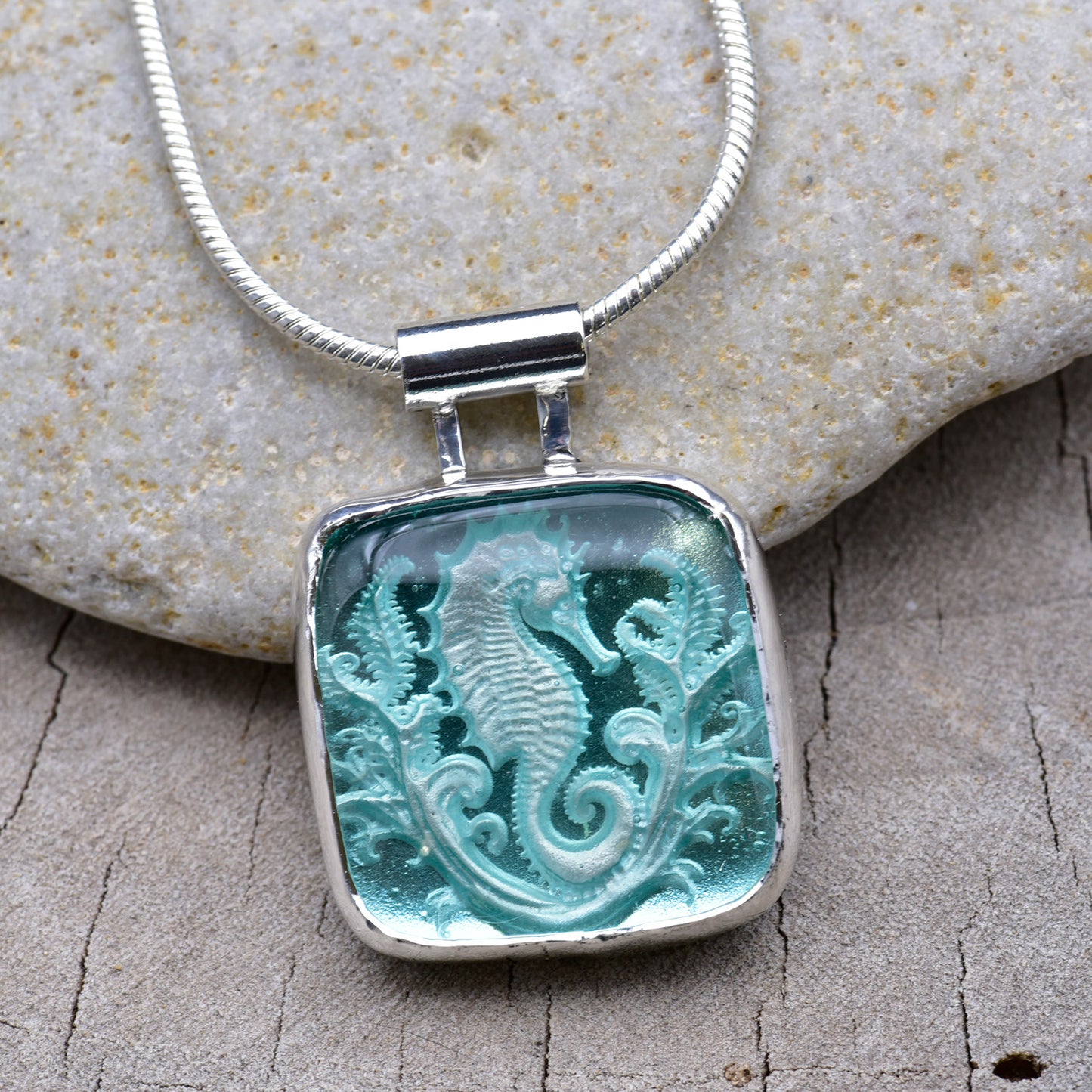 Artisan Seahorse & Coral Fused Glass Pendant Necklace | Sterling Silver
