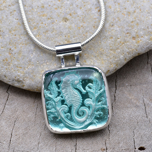 Artisan Seahorse & Coral Fused Glass Pendant Necklace | Sterling Silver