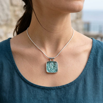 Artisan Seahorse & Coral Fused Glass Pendant Necklace | Sterling Silver