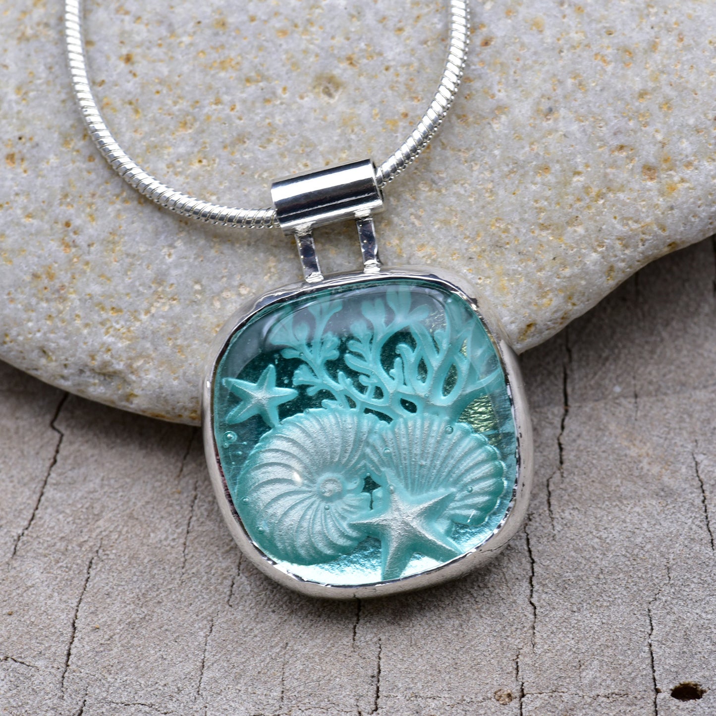 Artisan Nautical Fused Glass Pendant Necklace | Nautilus, Shells & Coral | Sterling Silver