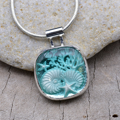 Artisan Nautical Fused Glass Pendant Necklace | Nautilus, Shells & Coral | Sterling Silver