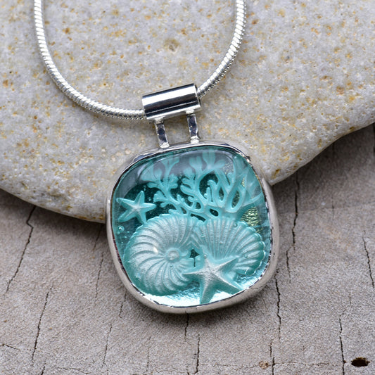 Artisan Nautical Fused Glass Pendant Necklace | Nautilus, Shells & Coral | Sterling Silver