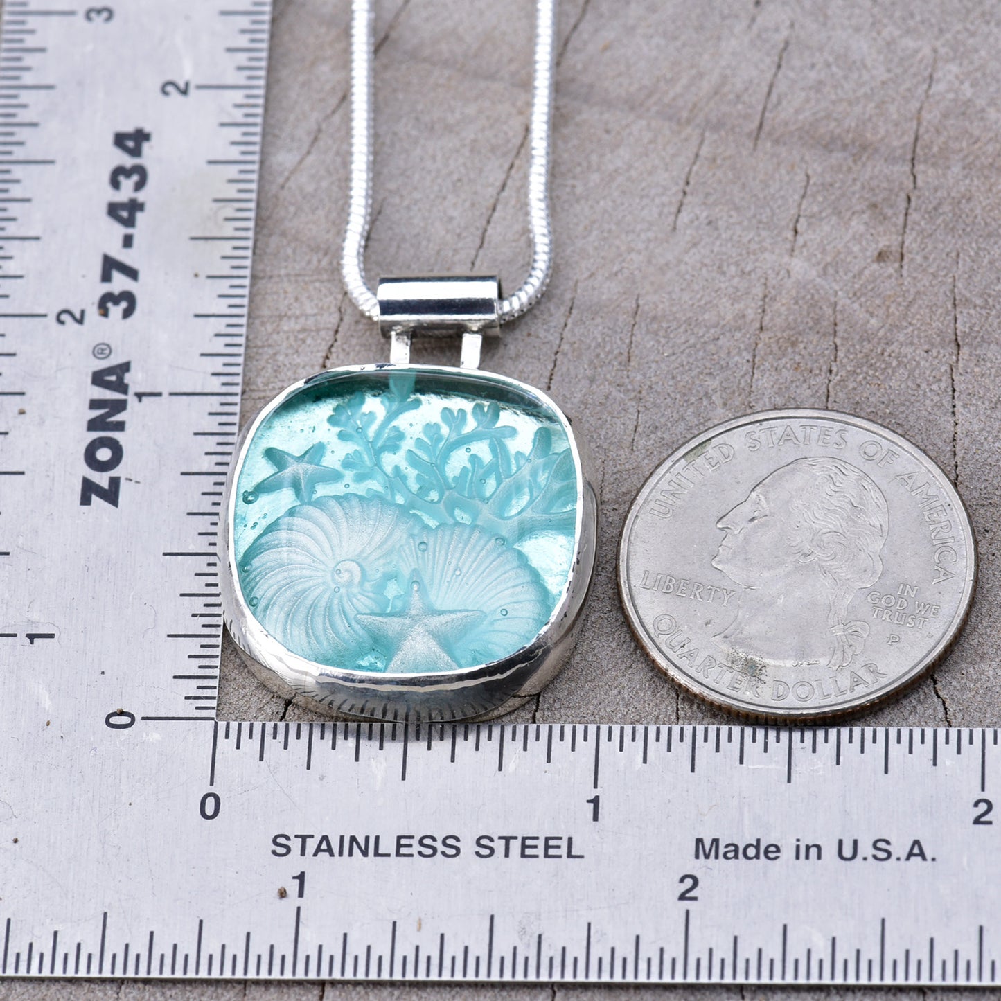 Artisan Nautical Fused Glass Pendant Necklace | Nautilus, Shells & Coral | Sterling Silver