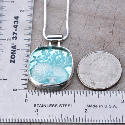 Artisan Nautical Fused Glass Pendant Necklace | Nautilus, Shells & Coral | Sterling Silver