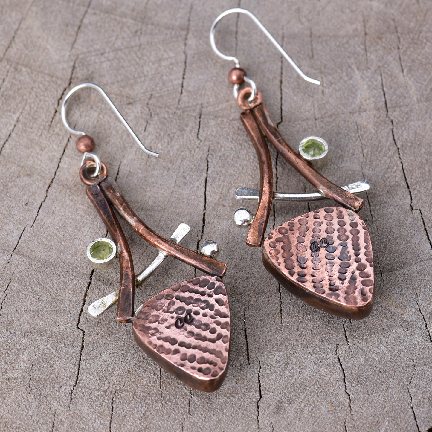 Artisan Earth Tone Fused Glass & Peridot Drop Earrings | Copper & Sterling Silver