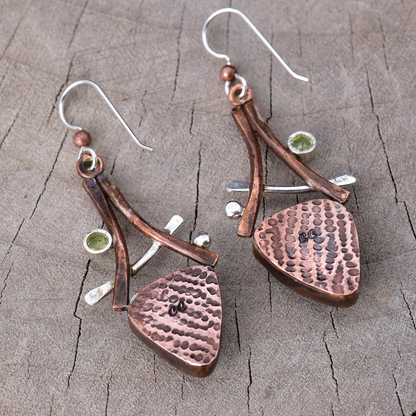 Artisan Earth Tone Fused Glass & Peridot Drop Earrings | Copper & Sterling Silver