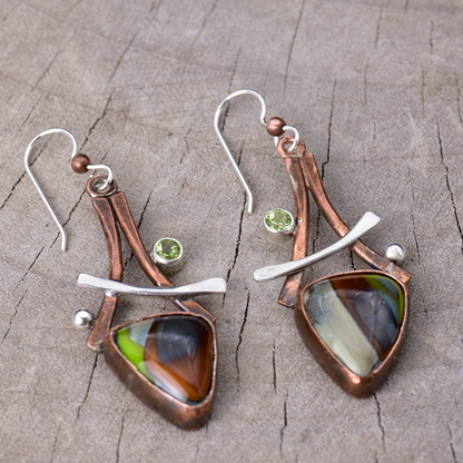 Artisan Earth Tone Fused Glass & Peridot Drop Earrings | Copper & Sterling Silver