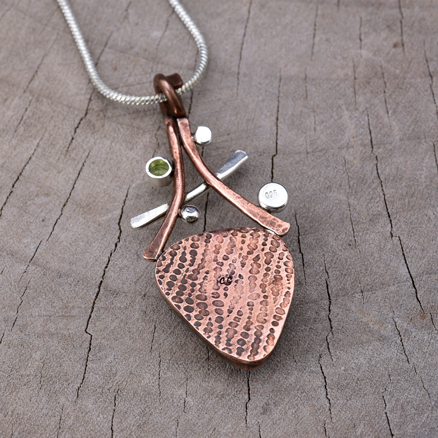 Artisan Earth & Sky Fused Glass, Peridot & Blue Topaz Pendant Necklace | Copper & Sterling Silver