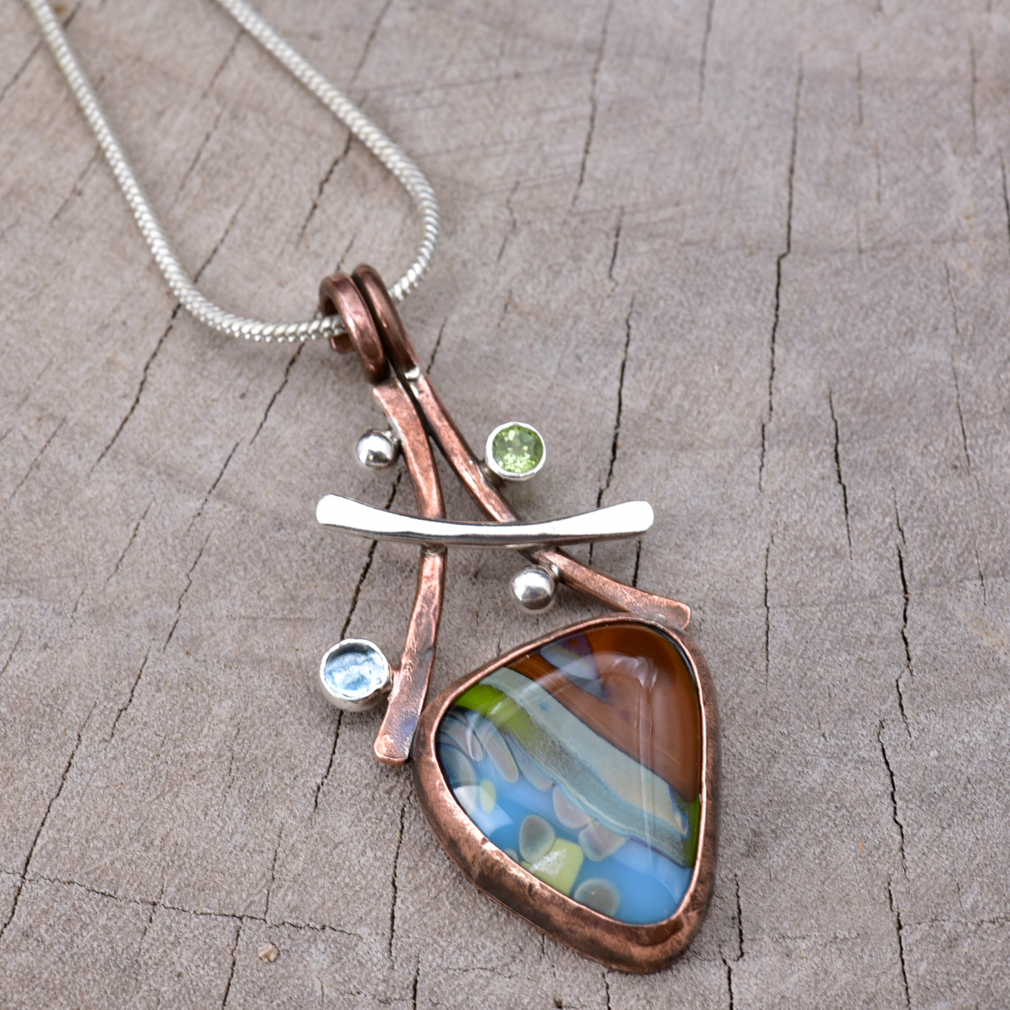Artisan Earth & Sky Fused Glass, Peridot & Blue Topaz Pendant Necklace | Copper & Sterling Silver