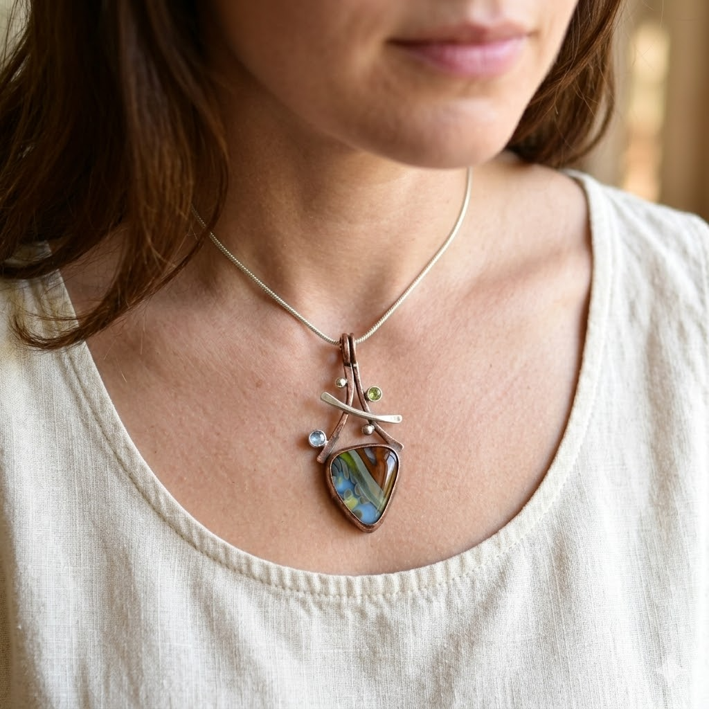 Artisan Earth & Sky Fused Glass, Peridot & Blue Topaz Pendant Necklace | Copper & Sterling Silver