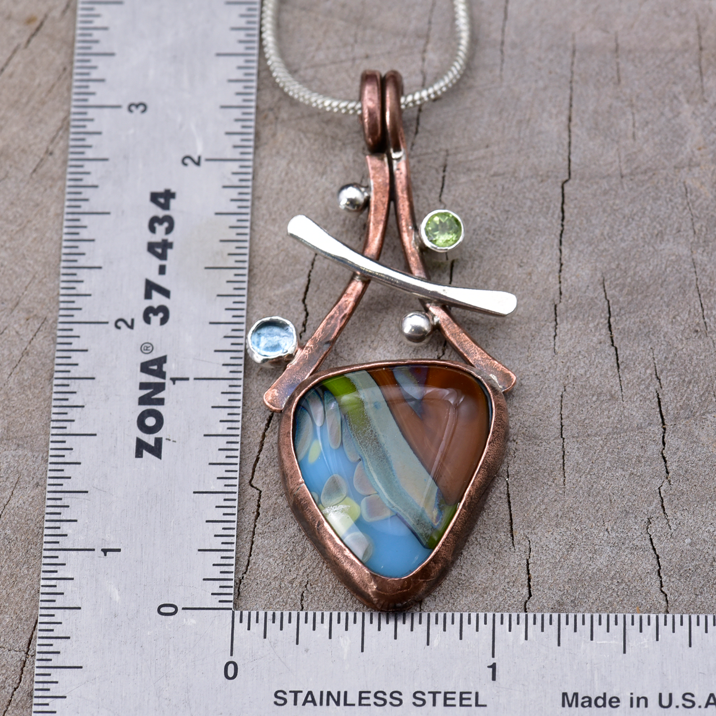 Artisan Earth & Sky Fused Glass, Peridot & Blue Topaz Pendant Necklace | Copper & Sterling Silver