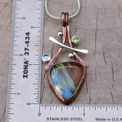 Artisan Earth & Sky Fused Glass, Peridot & Blue Topaz Pendant Necklace | Copper & Sterling Silver