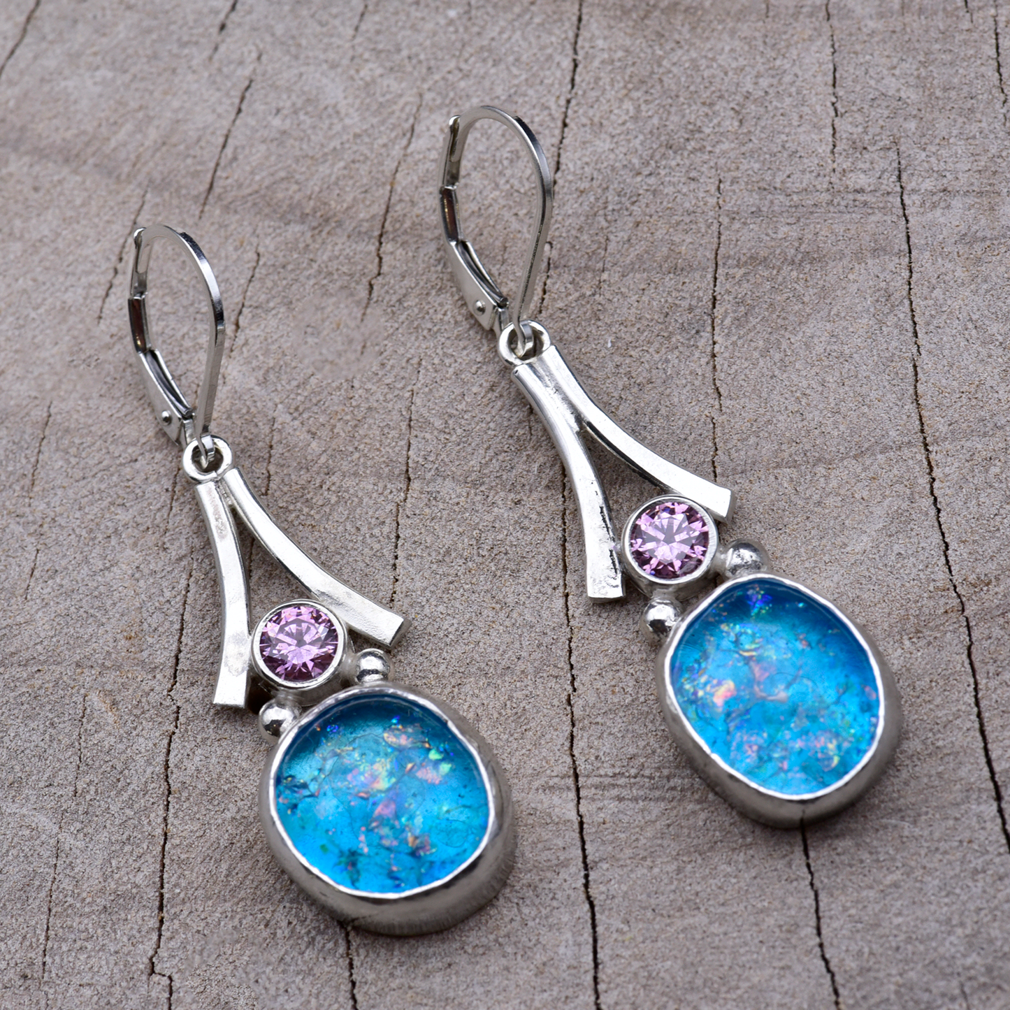 Turquoise dichroic glass drop earrings with pink and gold flecks, pink cubic zirconia accents and tapered sterling silver bars
