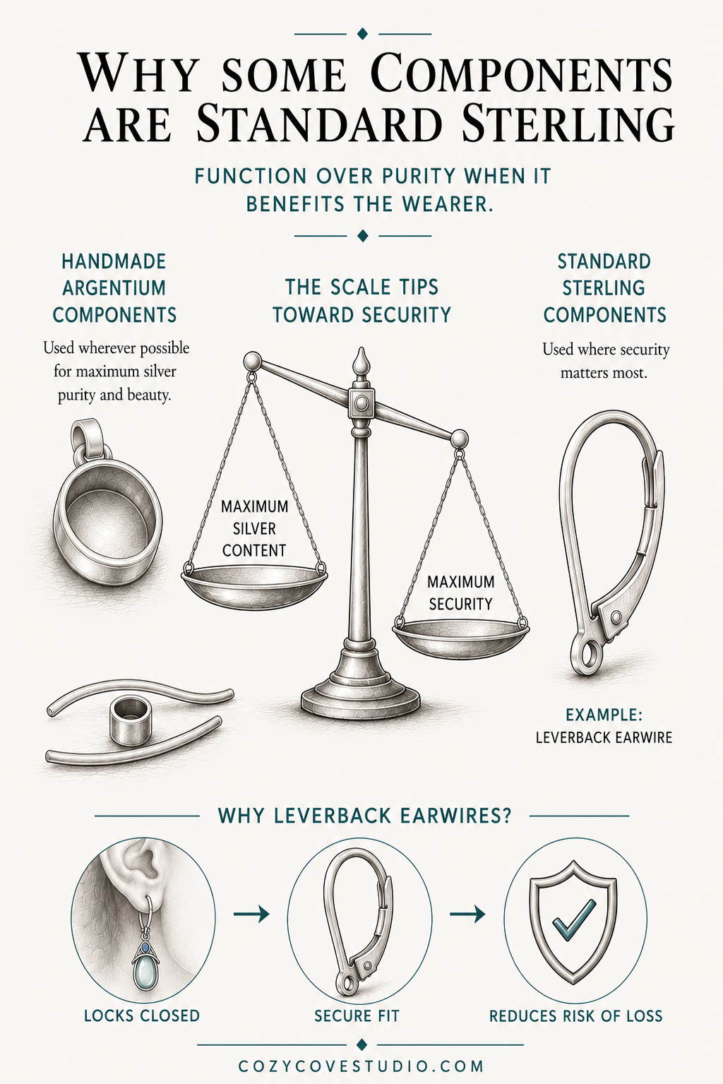 Infographic explaining the use of handmade argentic components, the scale tips toward security, and standard sterling components in jewelry design.
