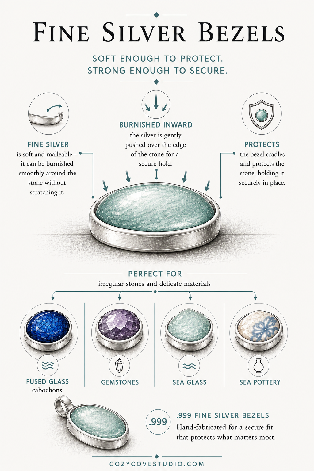 Infographic about fine silver bezels with illustrations and text on a white background.