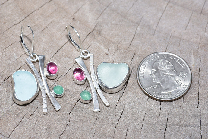 Sea glass and gemstone earrings is hand crafted setting of sterling silver.