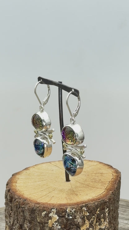 Artistic fused dichroic glass earrings in hand crafted settings of sterling silver accented with gold (E937)
