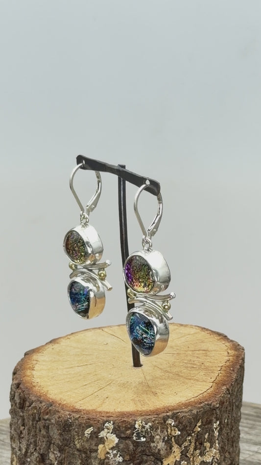 Artistic fused dichroic glass earrings in hand crafted settings of sterling silver accented with gold (E937)