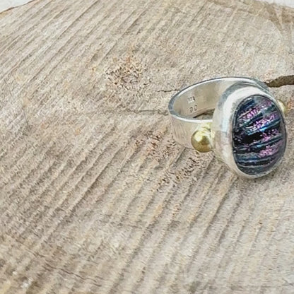 Fused dichroic glass ring in a handcrafted setting of sterling silver (R941)