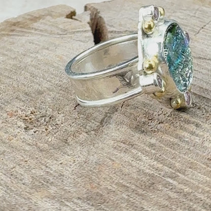 Fused dichroic glass ring in a handcrafted setting of sterling silver (R940)
