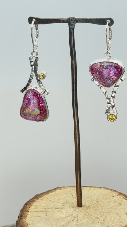 Artisan Pink & Rose Dichroic Glass Asymmetric Dangle Earrings | Hand-Stamped Oxidized Sterling Silver | Citrine Cubic Zirconia