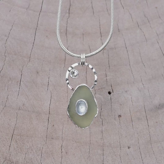 Artisan Sea Glass & Aquamarine Pendant Necklace | Hand-Stamped Sterling Silver