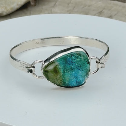 Cuff bracelet with custom fused dichroic glass cabochon in a handmade sterling silver setting (B956)
