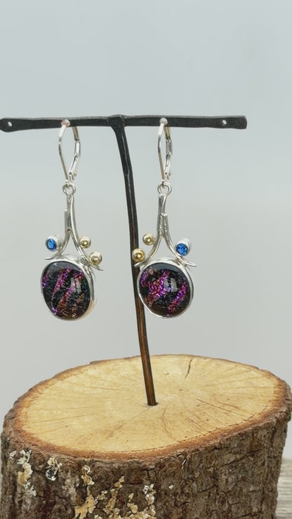 Artisan Pink & Black Dichroic Glass Dangle Earrings | Sculptural Sterling Silver | Sapphire Blue Cubic Zirconia & 18K Gold-Plated Accents