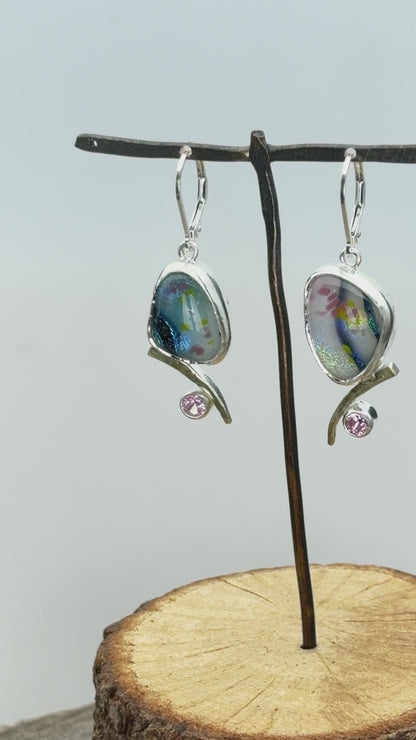 Artistic fused dichroic glass earrings in hand crafted settings of sterling silver accented with gold (E932)