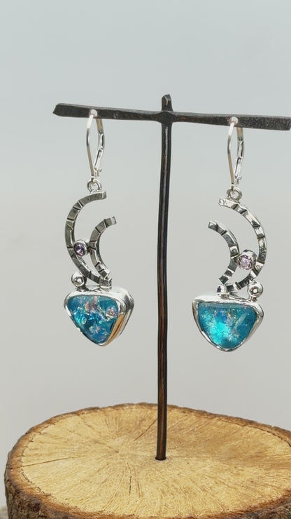 Artisan Turquoise Dichroic Fused Glass & CZ Drop Earrings | Crescent | Sterling Silver