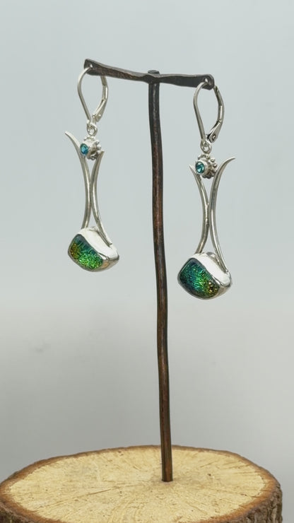 Artisan Gold & Chartreuse Dichroic Glass Long Dangle Earrings | Handcrafted Sterling Silver | Blue Topaz Cubic Zirconia