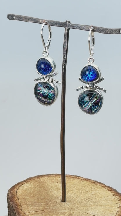 Artisan Cobalt Blue & Teal Double Drop Dichroic Glass Dangle Earrings | Hand-Stamped Sterling Silver