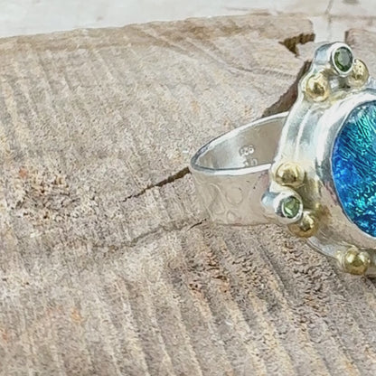 Fused dichroic glass ring in a handcrafted setting of sterling silver (R939)