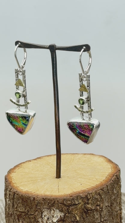 Artisan Rainbow Dichroic Glass Triangle Dangle Earrings | Hand-Stamped Sterling Silver | Emerald Green Cubic Zirconia & Gold Accents