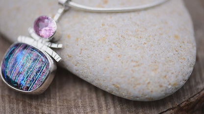 Fused dichroic glass pendant necklace in a handmade setting of sterling silver (N921)