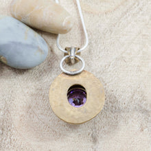 Load image into Gallery viewer, Sparkly amethyst CZ pendant necklace in an original handmade setting of brass and sterling silver. (N126)
