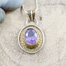 Load image into Gallery viewer, Sparkly amethyst CZ pendant necklace in an original handmade setting of brass and sterling silver. (N126)
